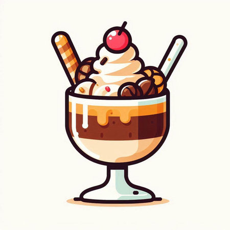 Cup of ice cream with whipped cream and cherries. Vector illustrationのイラスト素材