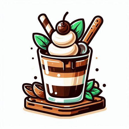 Coffee cocktail with whipped cream, chocolate and cherry. Vector illustration.のイラスト素材