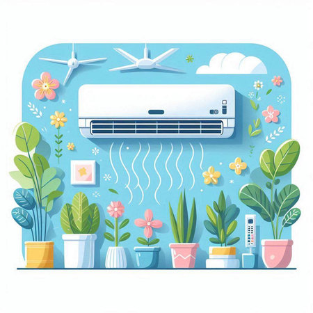 Air conditioner flat vector illustration. Cool air conditioner in room with flowers and plants.のイラスト素材