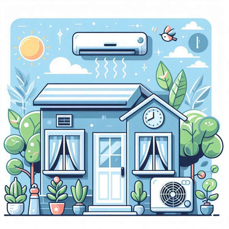 House with air conditioner. Vector illustration in flat design style.のイラスト素材