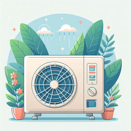 Air conditioner in the garden. Vector illustration in flat style.のイラスト素材