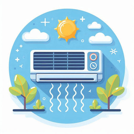 Air conditioner with sun and clouds. Flat style vector illustration.のイラスト素材
