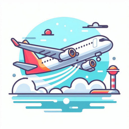 Airplane on the background of the city. Vector illustration in flat style.のイラスト素材