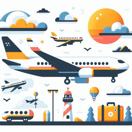 Airport background. Vector illustration in flat style. Travel and tourism concept.のイラスト素材