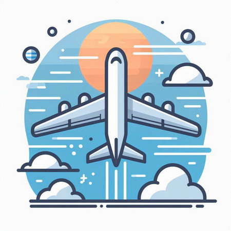 Airplane in the sky. Flat line style vector illustration on white background.のイラスト素材