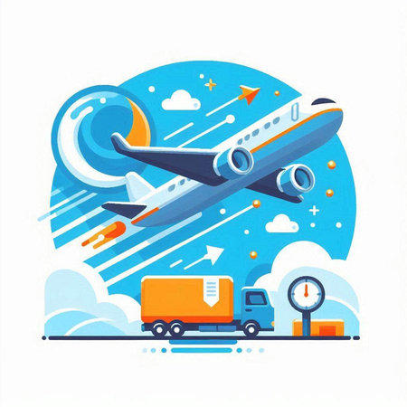 Airplane in the sky. Delivery of goods. Vector illustration.のイラスト素材