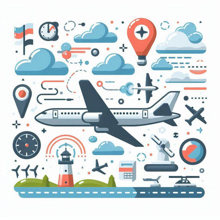 Airplane, travel, tourism, journey concept. Vector flat illustrationのイラスト素材