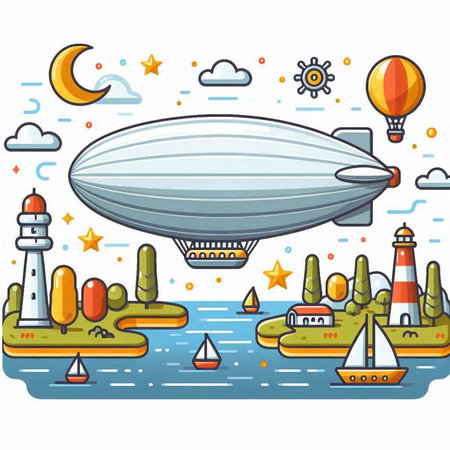 Vector illustration of a cartoon airship flying over the sea. Linear style.のイラスト素材