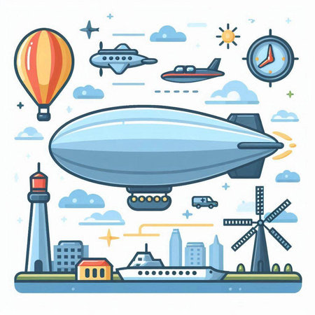 Airship, airplane, lighthouse, windmill. Vector illustration.のイラスト素材