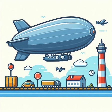 Airship on the background of the city. Vector illustration in flat styleのイラスト素材