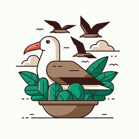 Vector illustration of a seagull in a bowl with a plantのイラスト素材