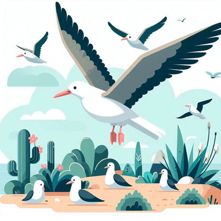 Seagulls and cactuses in the desert. Vector illustrationのイラスト素材