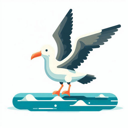 Seagull flying on ice floe. Vector illustration in flat styleのイラスト素材