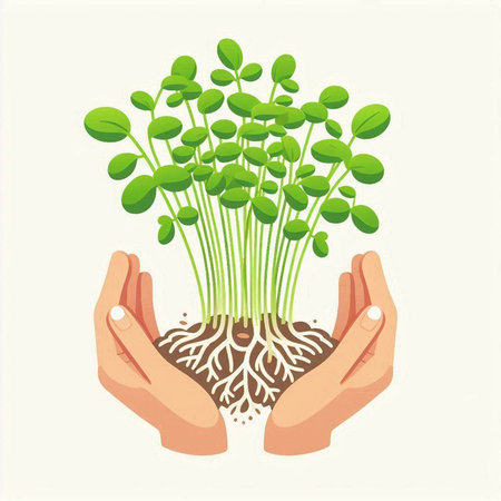 Human hands holding a green sprout with roots. Vector illustration.のイラスト素材