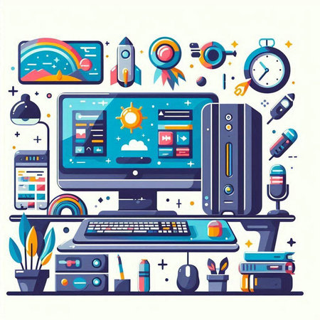 Colorful flat vector illustration of online education, e-learning concept.のイラスト素材