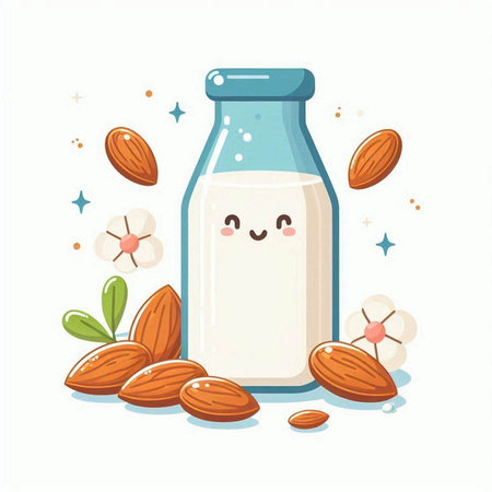 Milk bottle and almond nuts. Cute cartoon character. Vector illustrationのイラスト素材
