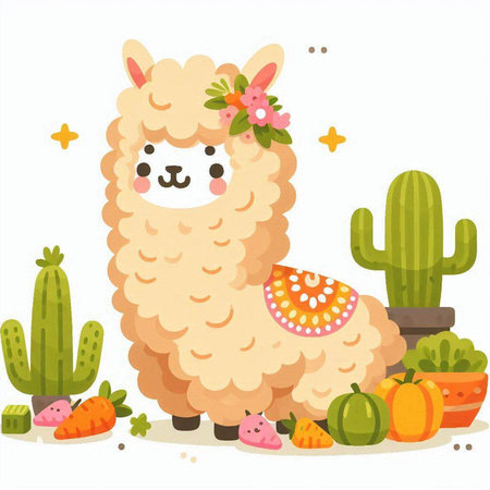 Cute alpaca and cacti. Vector illustration.のイラスト素材