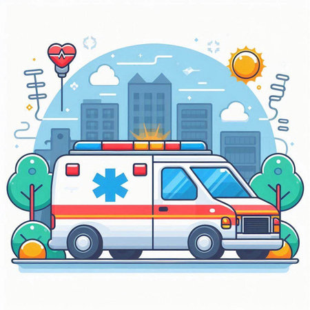 Ambulance car on the city street. Flat vector illustration.のイラスト素材