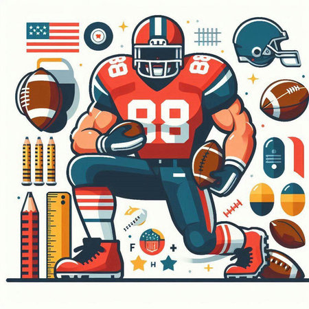 American football player with helmet and ball. Vector illustration in flat styleのイラスト素材