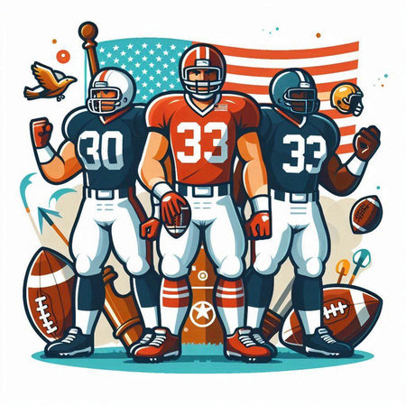 American football players with ball and helmet. Vector illustration in cartoon styleのイラスト素材
