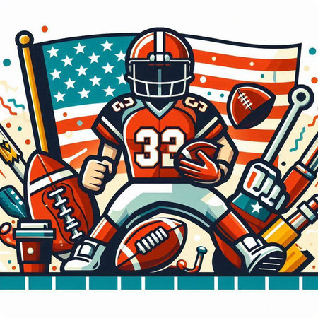 American football player and american flag. Vector illustration in cartoon style.のイラスト素材