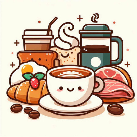 Coffee cup with breakfast. Vector illustration in cartoon style.のイラスト素材