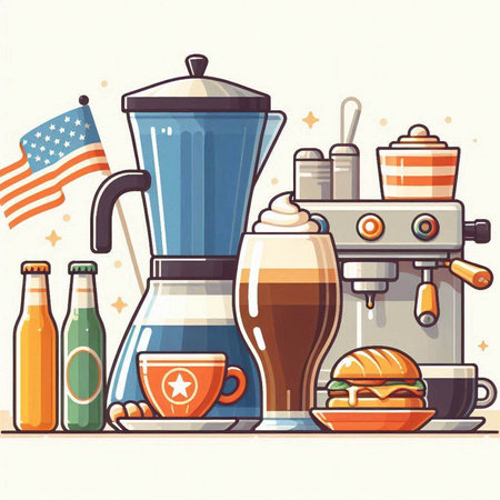 Coffee set. Vector illustration in flat style. Coffee maker, coffee machine, american flag.のイラスト素材