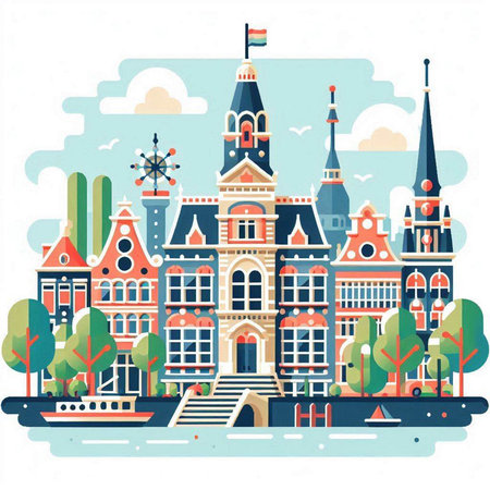 Cityscape of Amsterdam. Colorful vector illustration in flat style.のイラスト素材