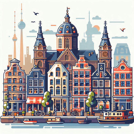 Amsterdam, Netherlands cityscape. Vector illustration in flat style.のイラスト素材