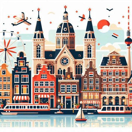 Amsterdam cityscape. Vector illustration in flat style. Colorful background.のイラスト素材