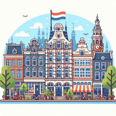 Amsterdam cityscape with traditional houses. Vector illustration in flat style.のイラスト素材
