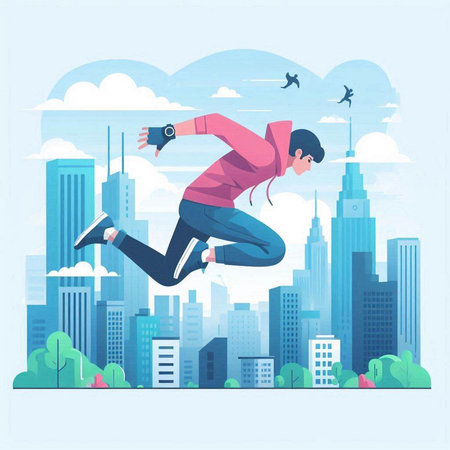 Man jumping in the city. Vector illustration in flat cartoon style.のイラスト素材