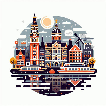 Cityscape of Amsterdam, Holland. Vector illustration in flat style.のイラスト素材