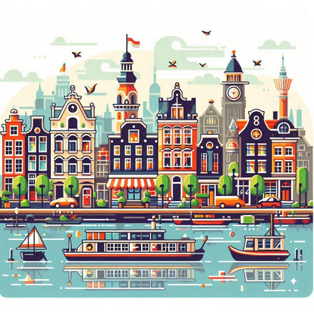 Amsterdam, Netherlands cityscape. Vector illustration in flat style.のイラスト素材
