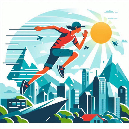 Vector illustration of a man running on the background of the city.のイラスト素材