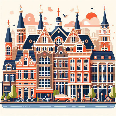 Amsterdam, Netherlands. Colorful vector illustration in flat style.のイラスト素材