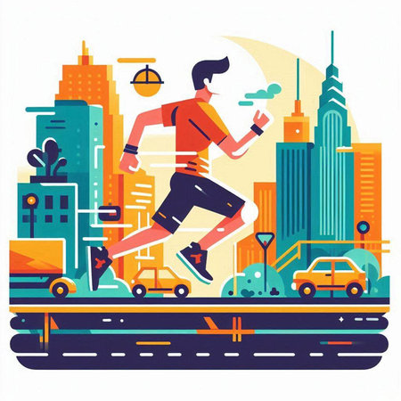 Running man on the road. Healthy lifestyle. Vector illustration in flat styleのイラスト素材