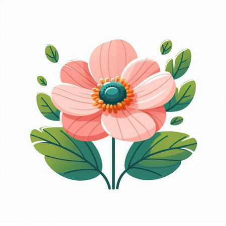 Beautiful pink flower with green leaves isolated on white background. Vector illustration.のイラスト素材