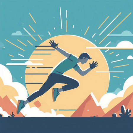 Man running in the mountains. Vector illustration in flat design style.のイラスト素材