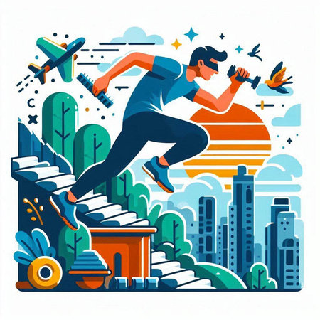 Vector illustration of a man jumping over an obstacle on a city background.のイラスト素材