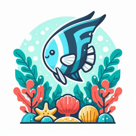 Cute cartoon fish on the background of the sea. Vector illustration.のイラスト素材
