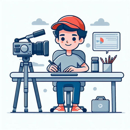Cute little boy recording video blog. Cartoon character design. Vector illustrationのイラスト素材