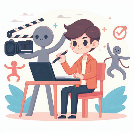 Cinema concept vector illustration. Cute cartoon boy sitting at a table with a laptop and a movie camera.のイラスト素材