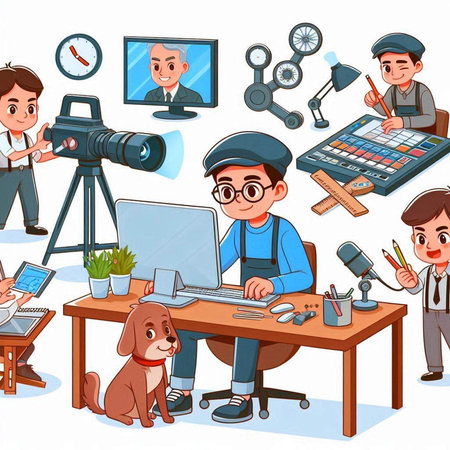 Cartoon illustration of a journalist working with a dog in his officeのイラスト素材