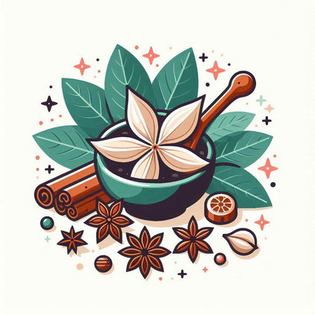 Cinnamon sticks, star anise and cloves in bowl. Vector illustration.のイラスト素材