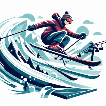 Vector illustration of skier jumping on ski slope. Winter sport.のイラスト素材