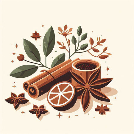 Cinnamon, star anise, cloves and leaves. Vector illustration.のイラスト素材
