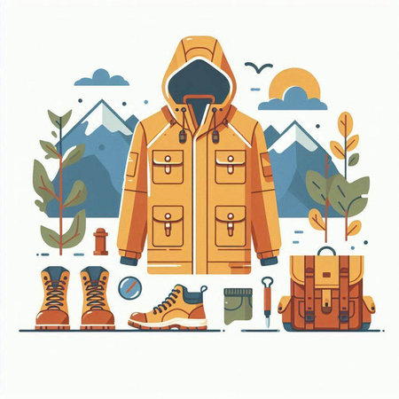 Vector illustration of a winter jacket on the background of mountains and forest.のイラスト素材