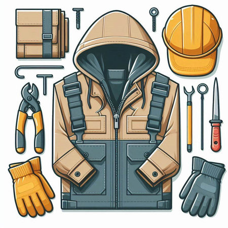 Vector illustration of a workman's jacket, helmet, gloves and toolsのイラスト素材
