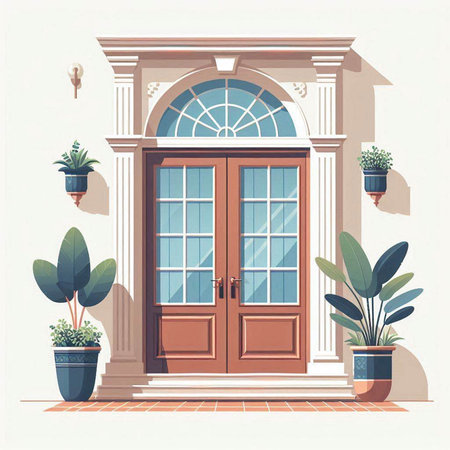 Vector illustration of a wooden door in a classic style with plants in potsのイラスト素材